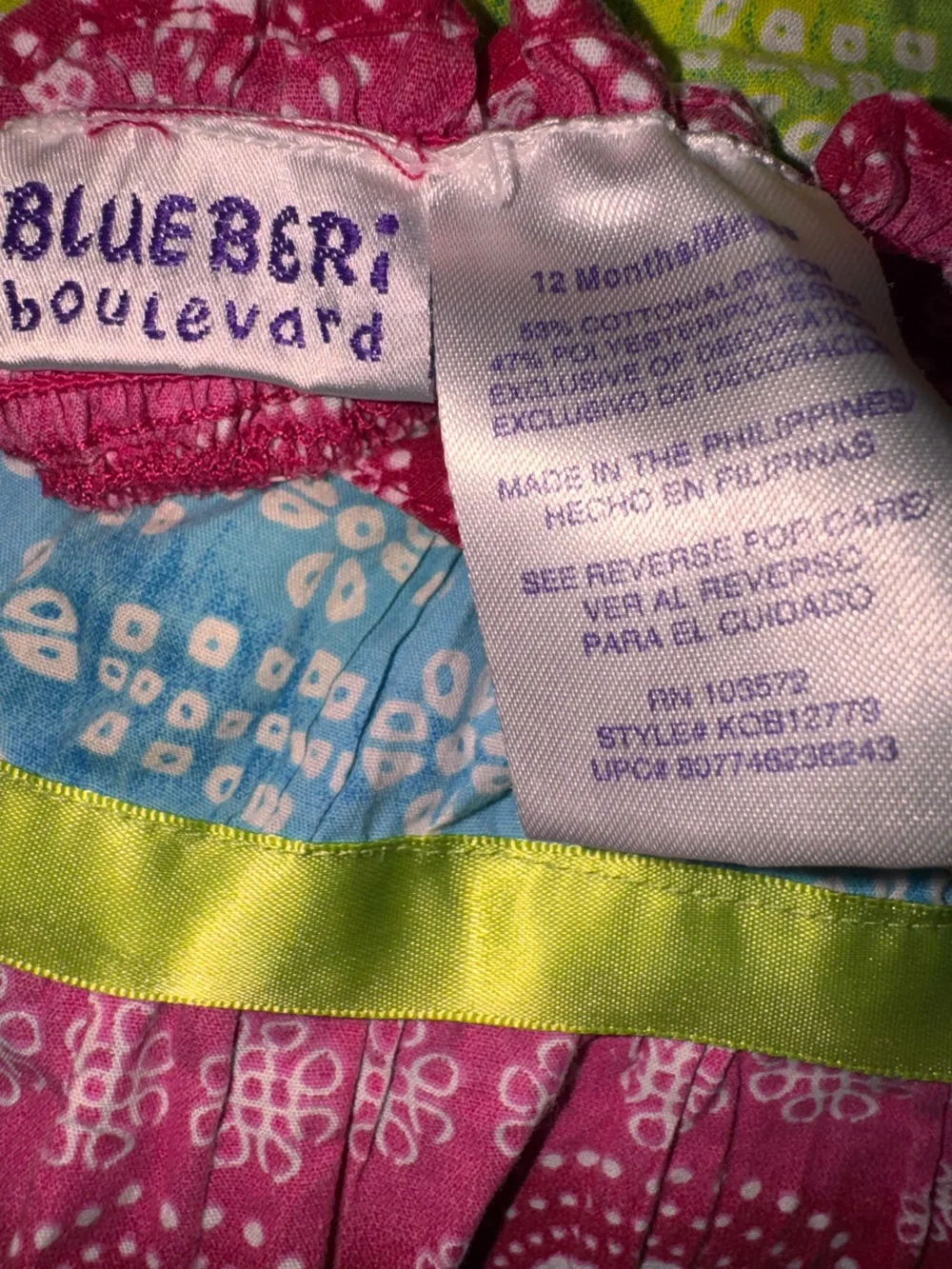 Blueberi Boulevard Pink, Green & Blue Tiered Halter Dress with Lime Ribbon